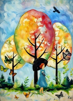 Tarjeta coleccionable artista caminando bajo la lluvia 2,5x3,5 ACEO arte paisajístico Foto 1 de 3