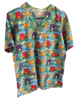 Scrub Top Medical  Womens Nurse Dentist Lab Veterinarian Size XS With Cute Frogs - Image 1 of 4