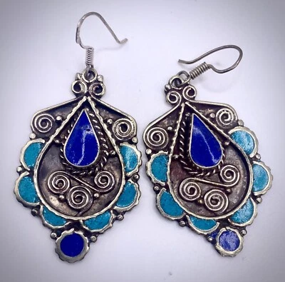 Шикарные большие марокканские берберские серебряные серьги с клеймом из дробленого камня - Изображение 1 из 3