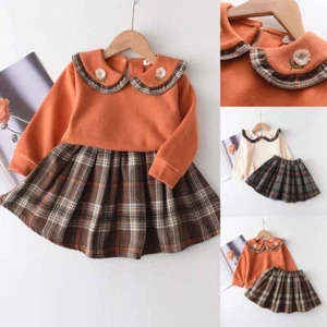 Toddler Kids Baby Girl Romper Long Sleeve Tops Plaid Dress Set Outfits Clothes - Picture 1 of 14