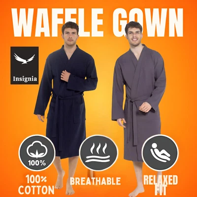INSIGNIA Men's Waffle Cotton Dressing Gown - Pure Cotton Spa Robe, Lightweight Summer