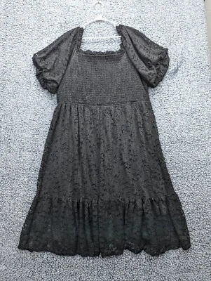 Lauren Conrad Lace Maxi Dress Womens 2X Puff Sleeve Layered Floral Prarie Black - Image 1 of 4