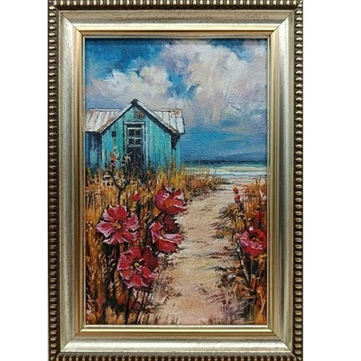 Paisaje marino con casa pintura al óleo firmada enmarcada pintura realista original 4x6 Foto 1 de 4