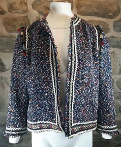 Zara Tweed Jacket Small Multicoloured Raw Edge Embroidered Lined Tassels Fringe - Picture 1 of 8