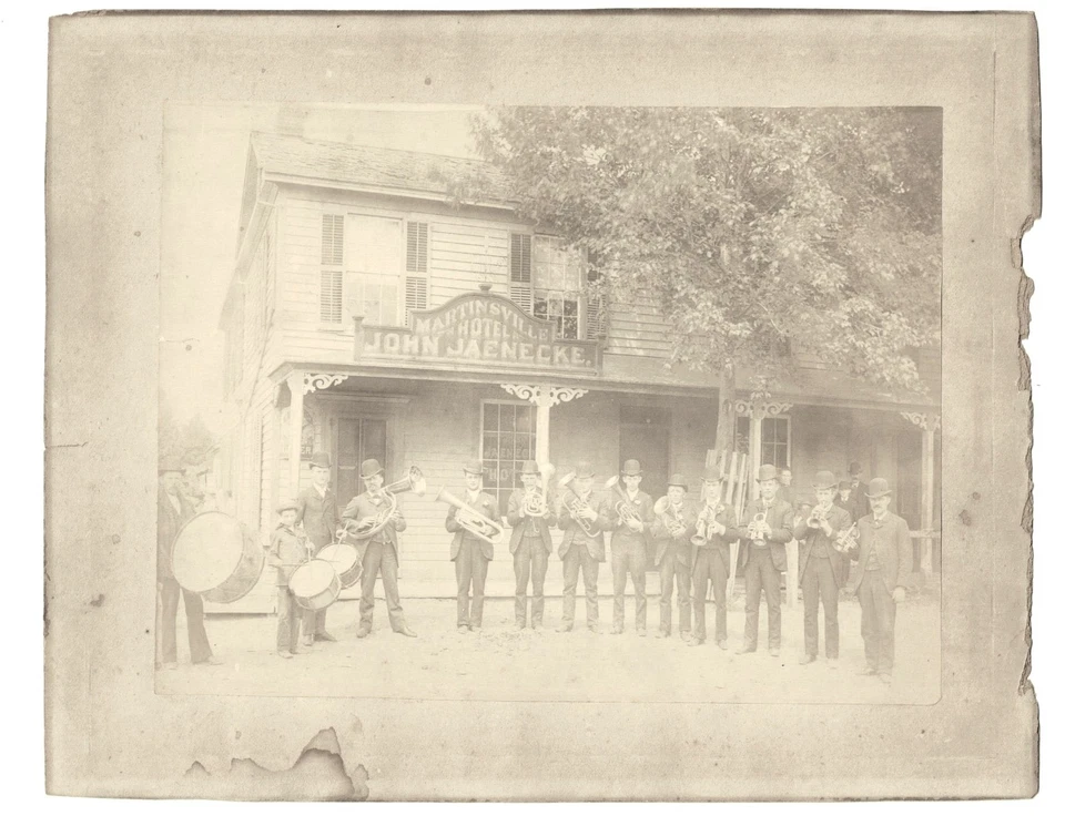 Antique Cabinet Card Photo BRASS BAND North Tonawanda NY Martinsville Hotel - Image 1 of 2
