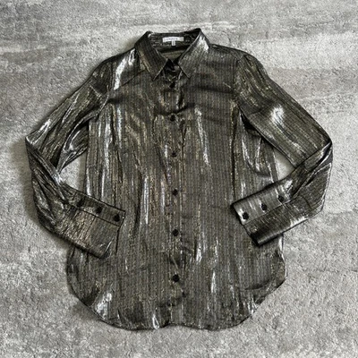 Blusa túnica Milly feminina 4 seda metálica transparente com botões preta dourada - Imagem 1 de 4