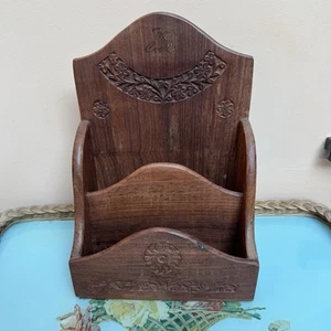 Vintage Hand Carved Wooden Letter Rack Two Divisions Floral Details - Picture 1 of 10
