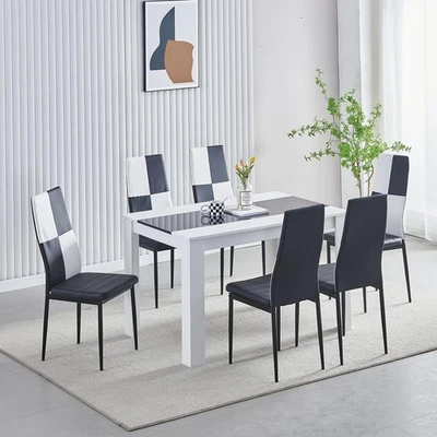 Modern White Dining Table + 4 Faux Leather Chairs (Black & White Checked) - Image 1 of 4