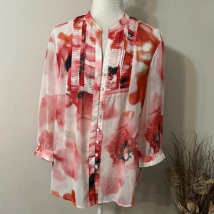 Jones New York Signature Chiffon Bluse Knopfleiste rot Blumen Plissee vorne Gr. L - Bild 1 von 9