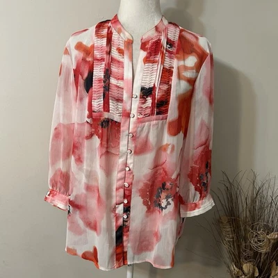 Jones New York Signature Chiffon Blouse Button Up Red Floral Pleated Front Sz L - Image 1 of 4