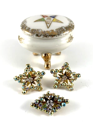 OES Eastern Star Crystal Pin & Earrings w/Ceramic Holder | Goldtoned | NOS - Image 1 of 3