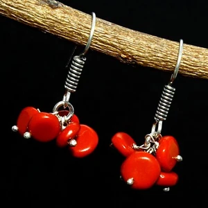 925 Solid Silver Natural Red Coral Gemstone Handmade Earrings Women's Jewelry - Picture 1 of 6