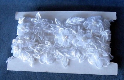 Floral Embroidered Lace Ribbon Fabric 1 Yd Beaded Wedding Dress Sewing Trim - Image 1 of 4