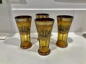 Egermann 1920 Amber & Gold Art deco Glasses (4) - Austrian Hills Scene- - Picture 1 of 4