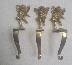 Vintage Solid Brass Cherub Angel Hooks Set of THREE Christmas Stocking Holders - Picture 1 of 7