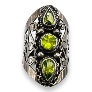 Vintage 925 Silver Natural Peridot Ring Statement Gothic Bali Style Full Finger - Picture 1 of 10