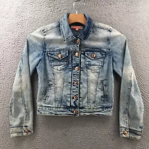 Dollhouse Denim Jacket Womens M Blue Cropped Cotton Blend Light Wash Button Up - Picture 1 of 19
