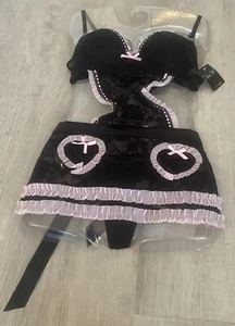 Rene Rofe Black And Pink Flower Lace Apron 2 Piece Lingerie Set Medium / 6 New - Picture 1 of 9