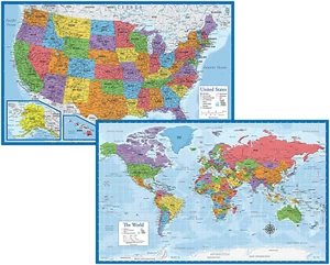 Laminated World & US Map Poster Set - 50" X 38" Ex-Large - Made in USA - Picture 1 of 1