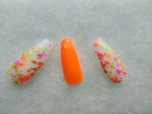 Ballerina Coffin Stiletto Long Neon Orange Bling "🍊Kiss" Artificial Nail Tips - Picture 1 of 7