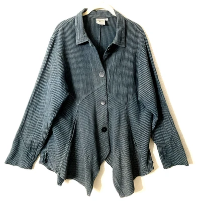 Túnica Mill Valley Clothing Co azul cinza com botões Lagenlook mistura de linho M - Imagem 1 de 4