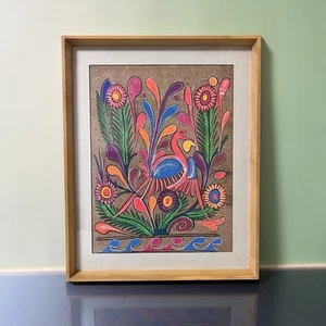 Pintura corteza amate vintage México pintada a mano pájaro y flor años 70 - Imagen 1 de 19