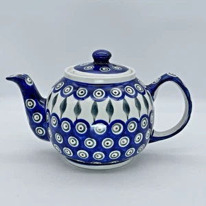 BOLESLAWIEC Poland Pottery Peacock Eye Blue Green Teapot 4.5 Cups - Picture 1 of 15