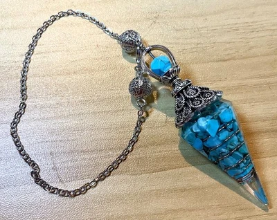 Stunning Pendulum Turquoise Chips in Resin with Silver Chain & Cutwork  - C439 - Image 1 of 4