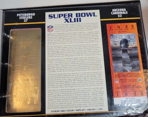Super Bowl XLIII 22kt Gold Ticket Stub NFL Pittsburgh Steelers Arizona Cardinals Cover