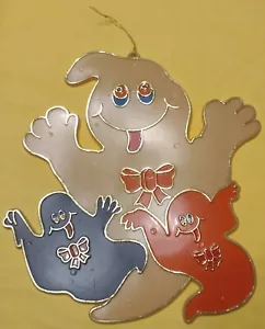 Vintage Halloween Decor With Loop Plastic 3 Ghosts Cute Purple White & Orange 👻 - Bild 1 von 2