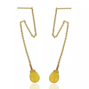 Yellow Chalcedony Gemstone 925 Silver Gold Plated Threaded Earrings Jewelry - Picture 1 of 3