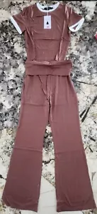 Women's Lounge Set 2-Piece Brown Short Sleeve Top & Wide-Leg Pants Small - Picture 1 of 12