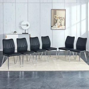 Set of 6 Black PU Leather Dining Chairs Armless Kitchen Chairs W/ Metal Legs NEW - Picture 1 of 9