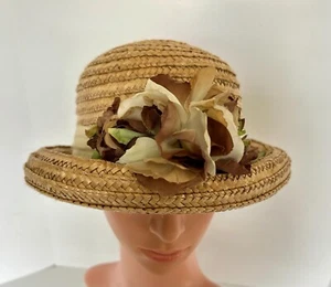 Hat tan straw rolled brim bowler Sz S fabric flower beige & green ribbon band - Picture 1 of 11