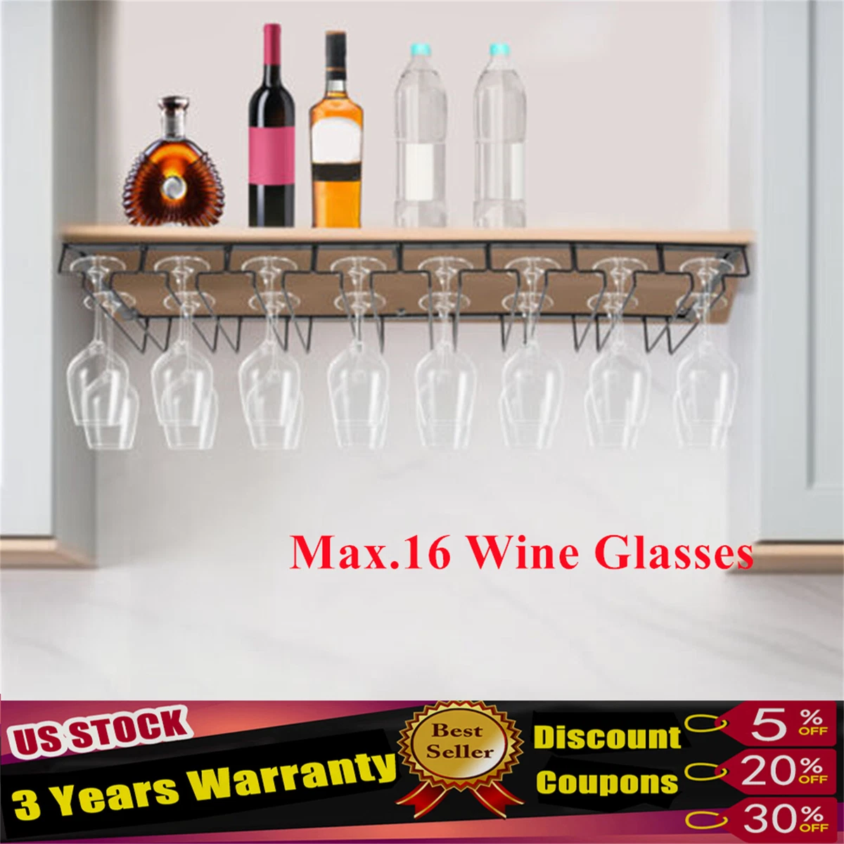Abcsea 2-Row Chrome Wine Glass Holder Rack - 30cm Under Cabinet Stemware Storage