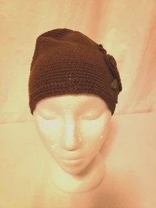 Vintage Handarbeit Strick Häkel Beanie braun Blumen Perlen Akzente - Bild 1 von 6