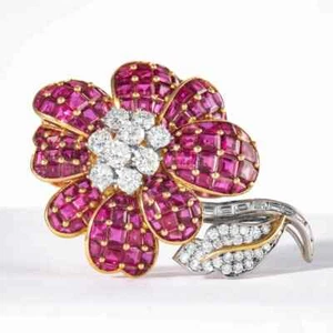 Wonderful 16.80 CT Red Ruby & White Cubic Zirconia Flower Brooch In 925 Silver - Picture 1 of 5