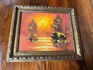 Vintage 1970er chinesische Trödelboote gerahmtes Gemälde 11” x 13” - gelb/orange - Bild 1 von 4