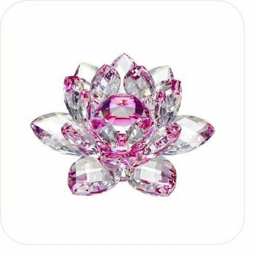 AMLONG CRYSTAL 5in Pink Hue Reflection Crystal Lotus Flower Feng Shui Home Decor with Gift Box