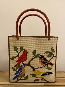 Vintage 70s Needlepoint Purse Handbag Cardinals Orioles Blue Birds Folk Art Boho - Picture 1 of 20