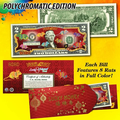 2020 CNY Chinese New YEAR OF THE RAT Polychromatic 8 COLOR Rats $2 U.S. Bill RED Cover