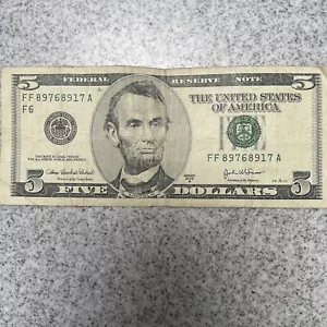 2003 $5 Five Dollar Bill Federal Reserve Note Vintage Rare 21 Years Old - Picture 1 of 8