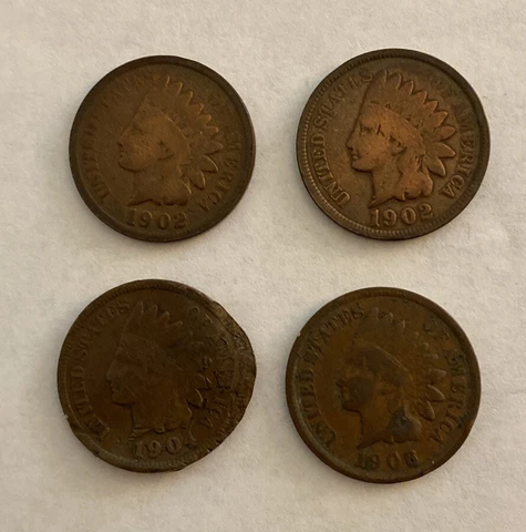 Lot of 4 Indian Head Pennies 1 Cent Coins 1902 1904 1906 Cover