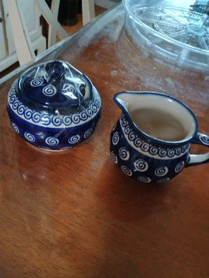 Juego de azucarero y crema abierta de cerámica polaca Boleslawiec hecho a mano  Foto 1 de 4