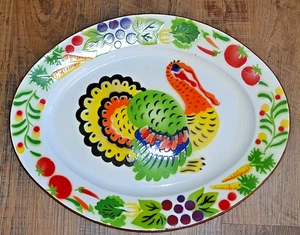 Vintage Enamel Ware Turkey Holiday Large Serving Platter Plate Christmas Dinner - Picture 1 of 5