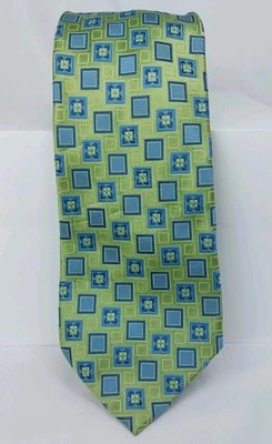 Corbata cuadrada geométrica azul lima verde seda 100 % DONA/ANOD hecha a mano 4"x62 Foto 1 de 4