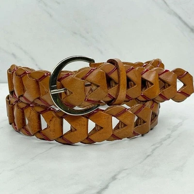 Brown Woven Leather Belt Red Laced Accents Silver Buckle - Small/Medium (S/M) - Image 1 of 4
