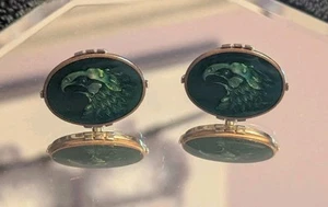 Unique Guilloche Green Enamel Eagle Cuff Links - Picture 1 of 6