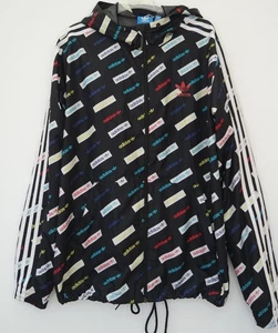 ADIDAS MENS BLACK MONOGRAM HOODED WINDBREAKER JACKET SIZE M WHITE STRIPES - Picture 1 of 6