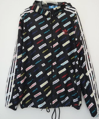 ADIDAS MENS BLACK MONOGRAM HOODED WINDBREAKER JACKET SIZE M WHITE STRIPES - Image 1 of 4
